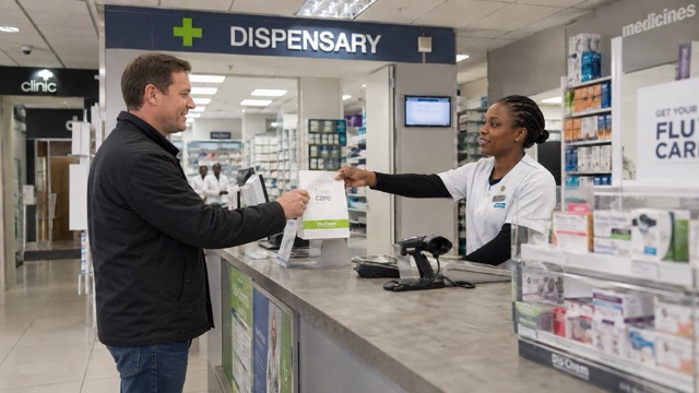 Pharmacist handing a prescription to a customer at a South African pharmacy counter